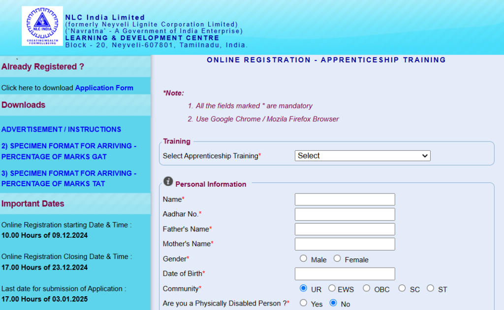 NLC India LTD Nursing Apprentice Vacancy Application Form