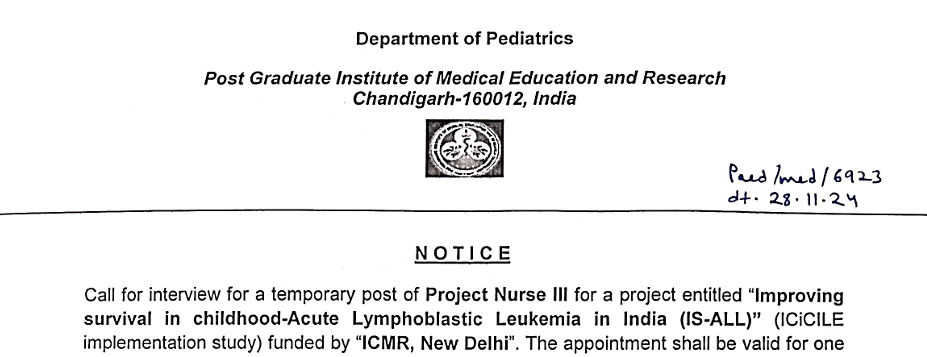 PGIMER project Nurse Pediatrics Dept NOTICE