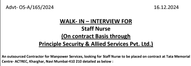 Tata Memorial Centre Staff Nurse Vacancy 2024 advertisement