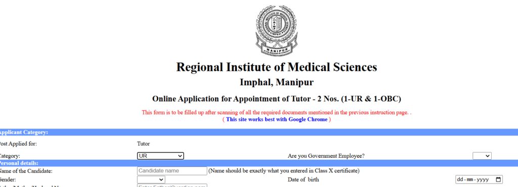 RIMS Imphal application form for Nursing Tutor and lecturer Vacancy 2024