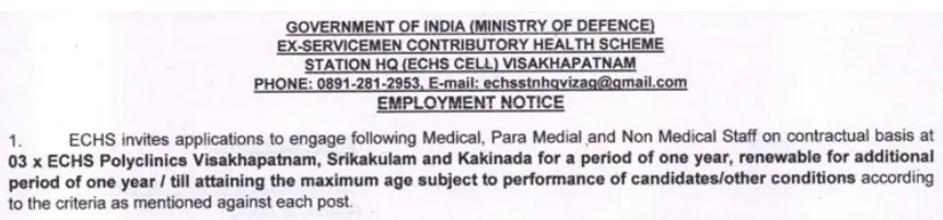 Nursing Assistant Vacancy ECHS Visakhapatnam, Srikakulam, and Kakinada