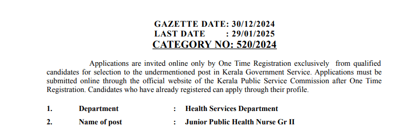 Junior Public Health Nurse Vacancies in Kerala PSC 2025 notification