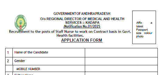 Staff Nurse Jobs Kadapa A.P. Application Form