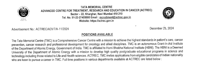 TATA Memorial ACTREC Nurse Vacancy 2024