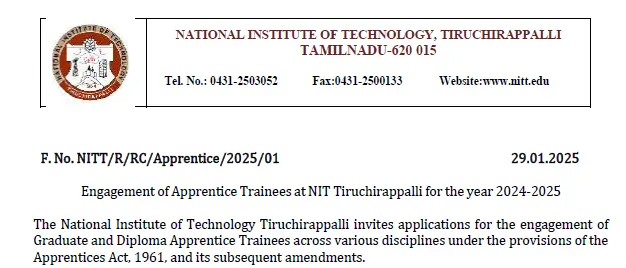 NIT Tiruchi B.Sc Nursing Apprentice Trainee Vacancy 2025 Notification