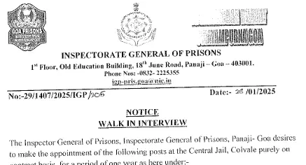 Inspectorate General of Prisons Goa Nurse Vacancy 2025